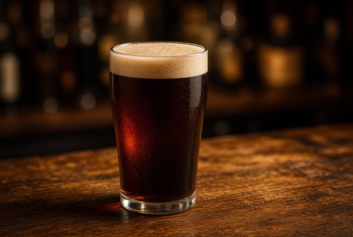 A pint of dark beer on the bar